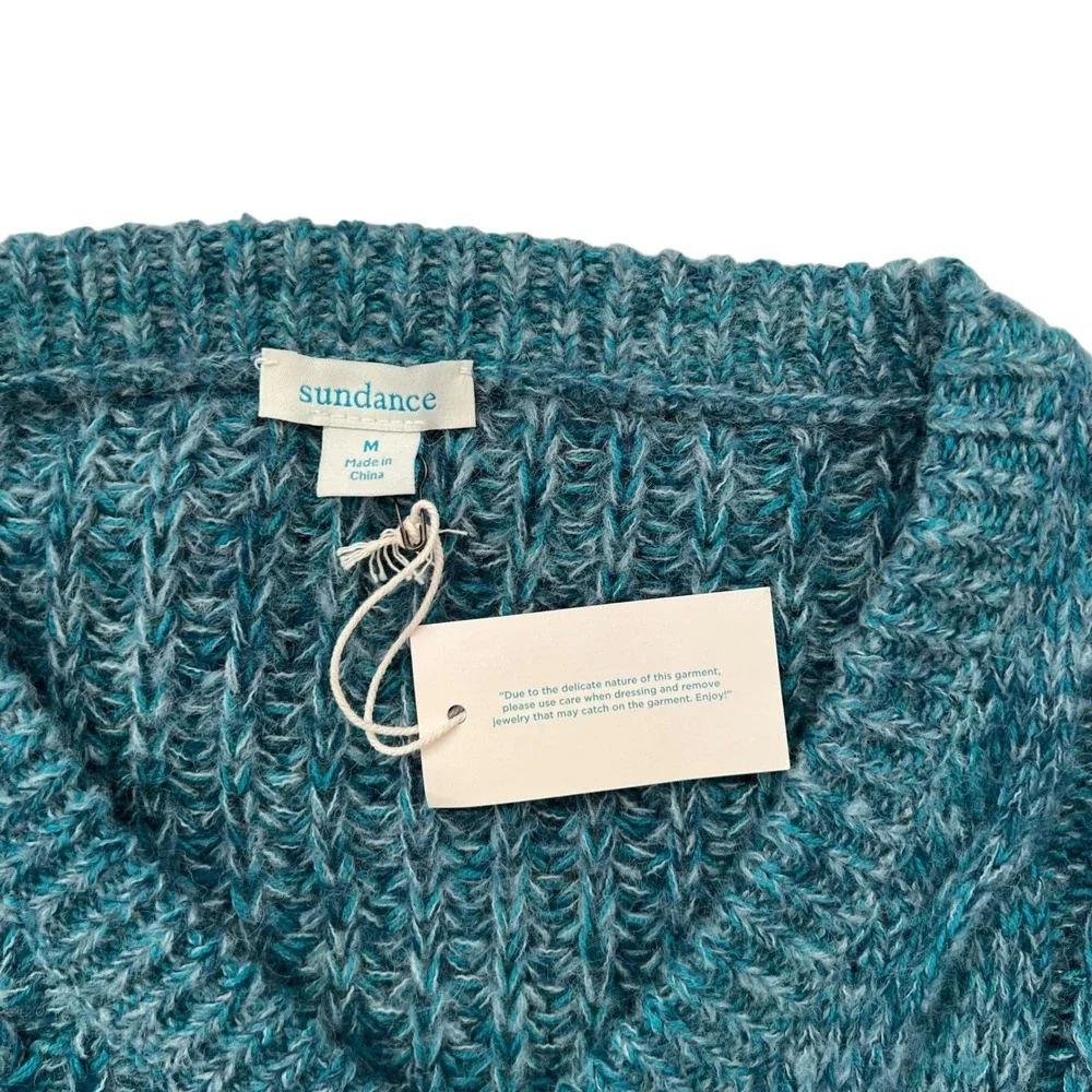NWT Teal Blue Sundance Marlyse Chunky‎ Cable Knit V Neck Sweater SZ M Fisherman